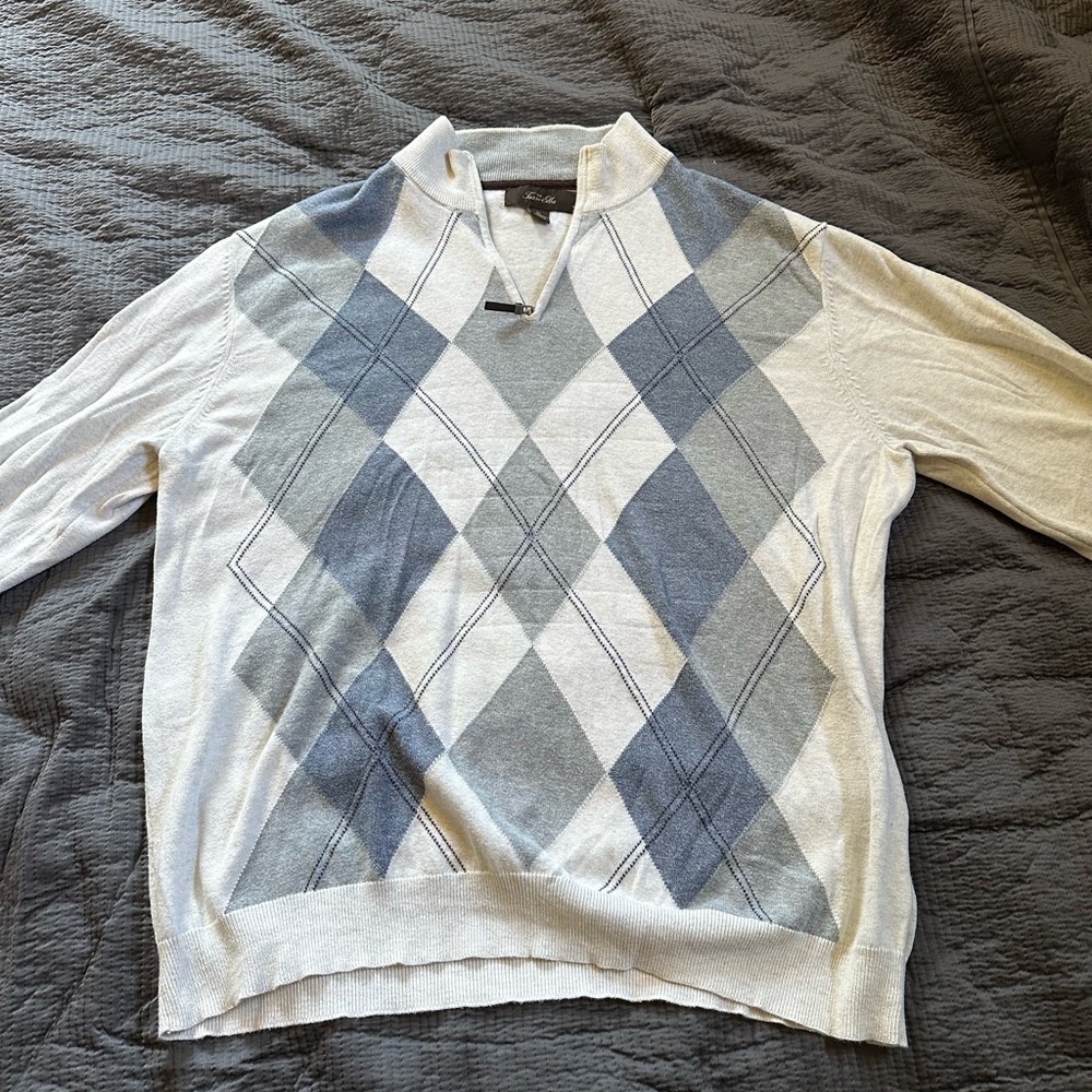 Tasso Elba blue, white, and gray quarter zip sweater.